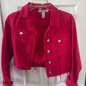 refuge Bright Red Cropped Denim Jacket
